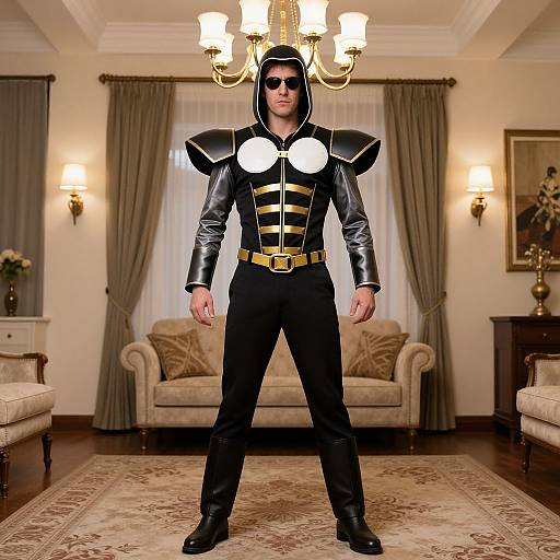 Photograph of a man in a black superhero costume with gold accents, white circles on chest, black boots, and sunglasses, standing in a luxurious living