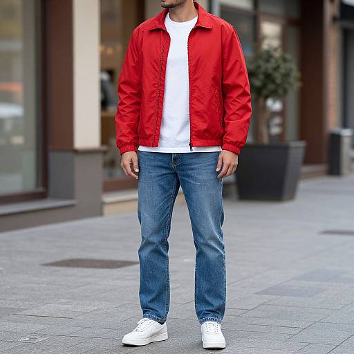 Photograph of a man standing on a city sidewalk, wearing a bright red jacket, white t-shirt, blue jeans, and white sneakers. Background includes