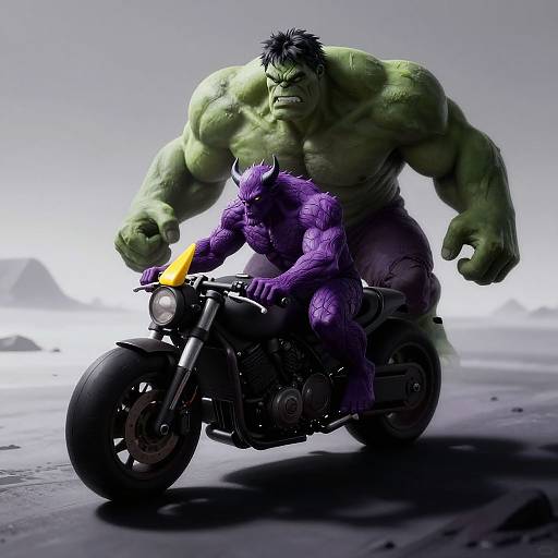 Digital artwork of a muscular green Hulk and purple demon riding a motorcycle, with the demon holding a flaming torch. Dark, misty background.