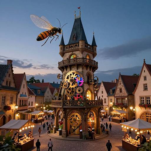 Photograph of a whimsical medieval clock tower at dusk, adorned with gears, a giant insect sculpture, and a vibrant light display, surrounded by market