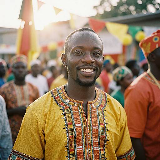 Photograph of a smiling African man with dark skin wearing a yellow, intricately embroidered traditional shirt, surrounded by a colorful, bustling crowd at an outdoor