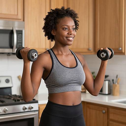 Photograph of a smiling, fit, black woman with short curly hair in a gray sports bra and black yoga pants, holding dumbbells in a