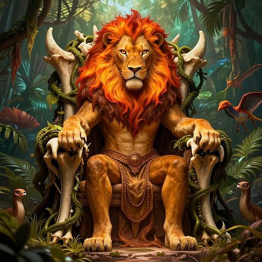 Digital fantasy artwork of a muscular, golden-maned lion king with large horns, seated on a throne entwined with vines, in a lush,