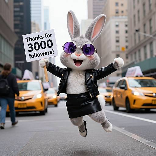 Photograph of a cartoon grey rabbit in sunglasses, black leather jacket, and skirt, jumping in a busy city street holding a 