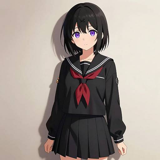 Anime-style digital drawing of a shy young girl with black hair and purple eyes, wearing a black sailor uniform with a red necktie, standing against a