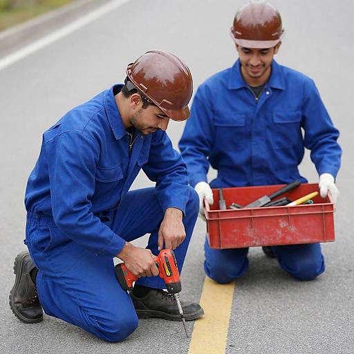 Construction Workers in Action on Paved Road
