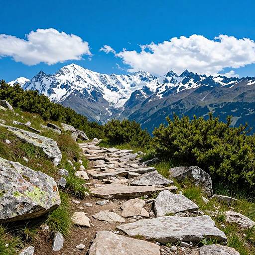 Photograph of a rocky mountain trail with large stones, green shrubs, and a stunning backdrop of snow-capped mountains under a bright blue sky with