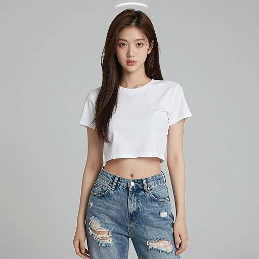 Young Woman in White Crop Top and Torn Jeans