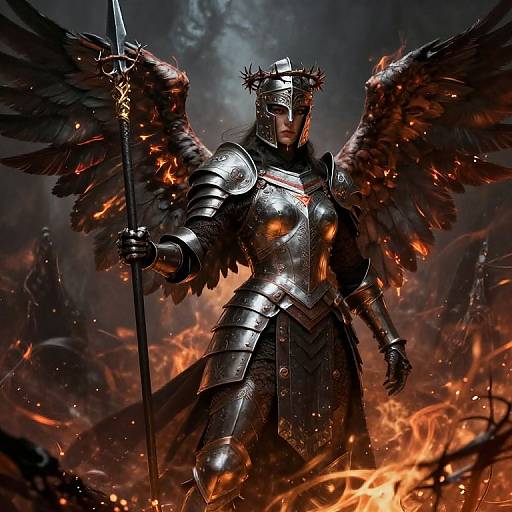 Digital art of a fierce, armored angel warrior with fiery black wings, holding a spear, standing amidst blazing flames and dark smoke.