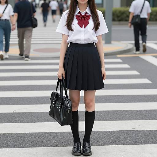 Japanese Schoolgirl on a City Crosswalk