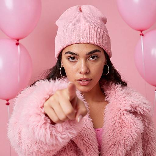 Confident Woman with Pink Beanie and Balloons