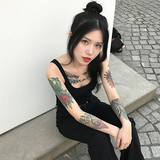 Tattooed Woman on Concrete Steps