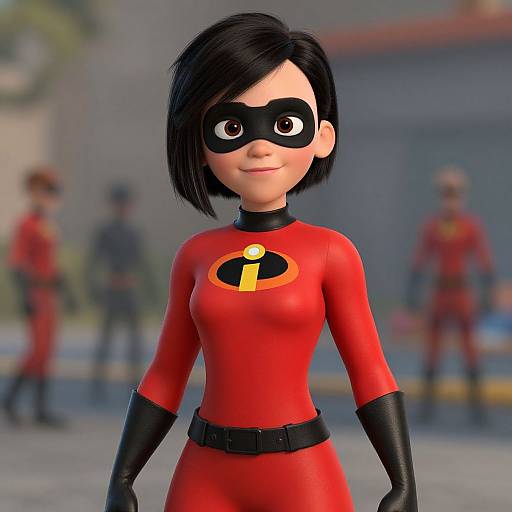 CGI image of a cute, short-haired girl in a red superhero suit with black mask, gloves, and belt, standing outdoors with blurred background.