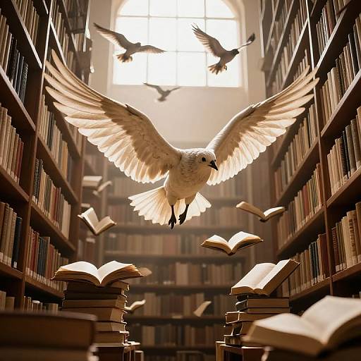 Photograph of a white dove with outstretched wings flying over a sunlit library aisle filled with floating books and two flying doves in the background