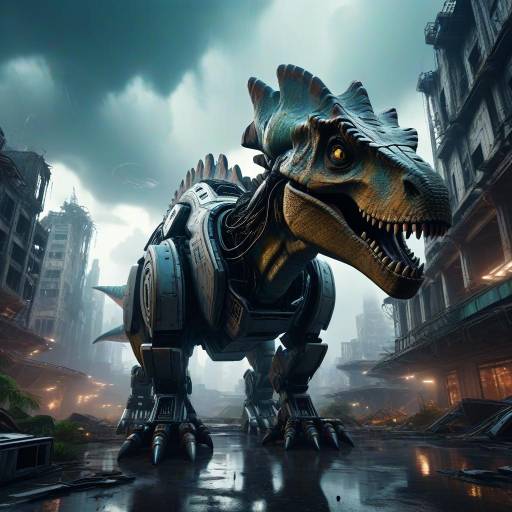 Robotic Dinosaur in Futuristic Stormy City