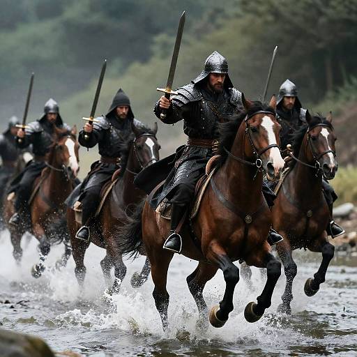 Galloping Armored Warriors through River