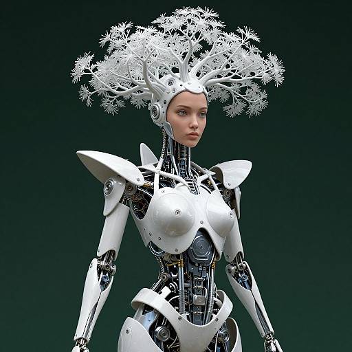 Digital CGI of a futuristic, white robotic woman with intricate snowflake-like headgear, metallic armor, and exposed mechanical inner parts, set against a dark