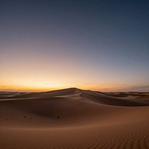 Photograph of a serene desert sunset with rippled sand dunes, a gradient sky from yellow-orange to deep blue, and a few distant clouds.