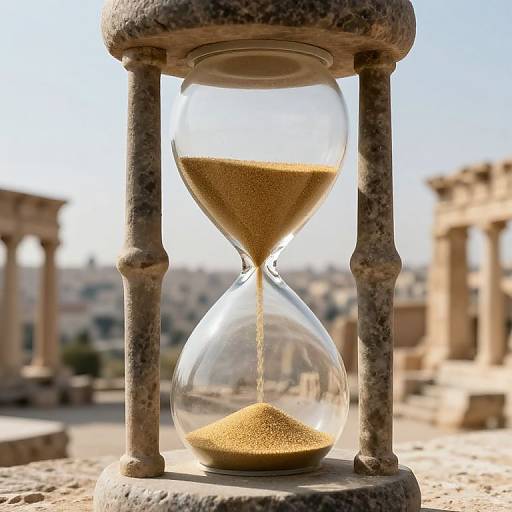 Photograph of an hourglass with sand flowing from top to bottom, set on a rooftop with ancient stone columns in the background.