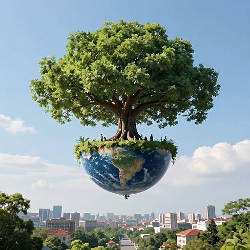 Digital artwork of a massive tree with lush green foliage, floating above a city skyline on a spherical Earth, against a bright blue sky.