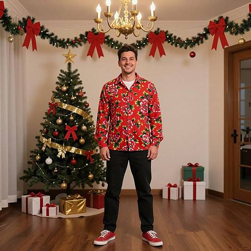 Festive Man in Red Floral Shirt