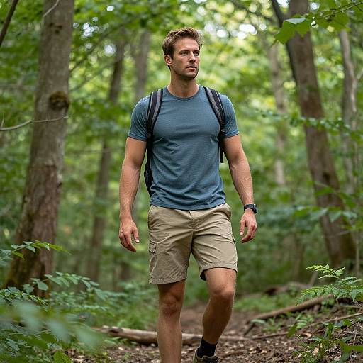 Athletic Men Hiking in Lush Forest