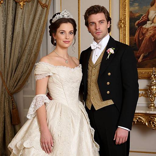 Photograph of a bride in a white lace gown and tiara, and groom in black vest and coat, standing in an ornate room.