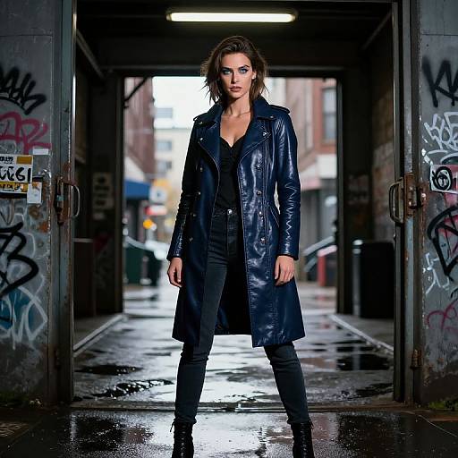 Photograph of a confident woman with short brown hair, wearing a black leather coat, black shirt, and jeans, standing in a graffiti-covered, wet