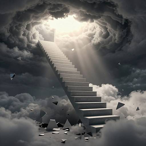 Digital art: A glowing, ascending staircase pierces dark, cloudy sky, sunlight streaming from the top, geometric shapes floating below.