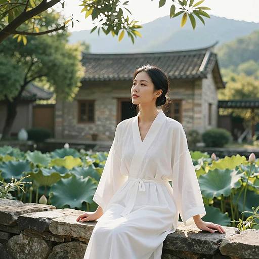 Photograph of an Asian woman with black hair in a white robe, sitting on a stone wall by a pond, with traditional Korean house and greenery