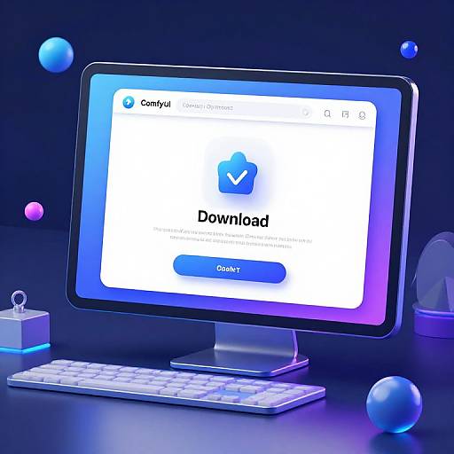 Photograph of a modern computer screen displaying the Cyanogen download page with a blue download button, surrounded by neon blue and purple spheres, a white keyboard