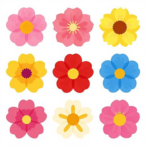 Bright, colorful digital illustration of nine cartoon-style flowers in a 3x3 grid, each with distinct petal colors and yellow or brown centers.
