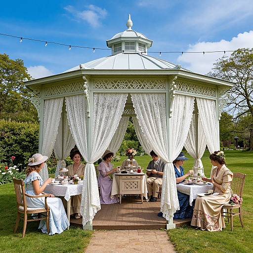Photograph of six women in vintage dresses, sitting under a white, lace-curtained gazebo in a sunny garden, enjoying tea.