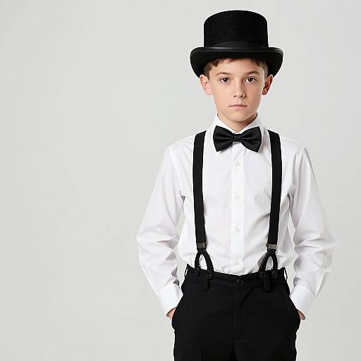 Photograph of a young boy in a white shirt, black bow tie, black suspenders, and black top hat, standing against a white background.