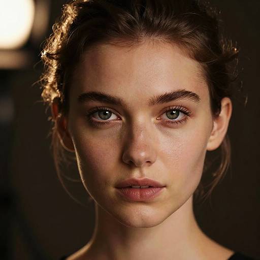 Photograph of a young woman with fair skin, blue eyes, and brown hair, illuminated from the front, against a dark background.