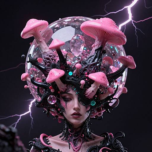 Digital art: Ethereal woman with closed eyes wearing a transparent orb helmet adorned with pink mushrooms, black tendrils, and glowing orbs, set against a