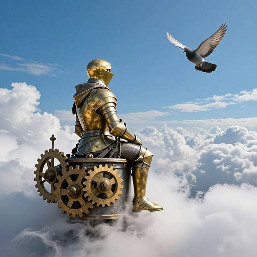 Golden armored knight in a cloud, seated on gears, with a flying pigeon against a bright blue sky and fluffy clouds.