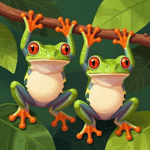 Digital art of two vibrant, red-eyed tree frogs with orange toes and green-blue bodies hanging from a brown branch amidst large green leaves.
