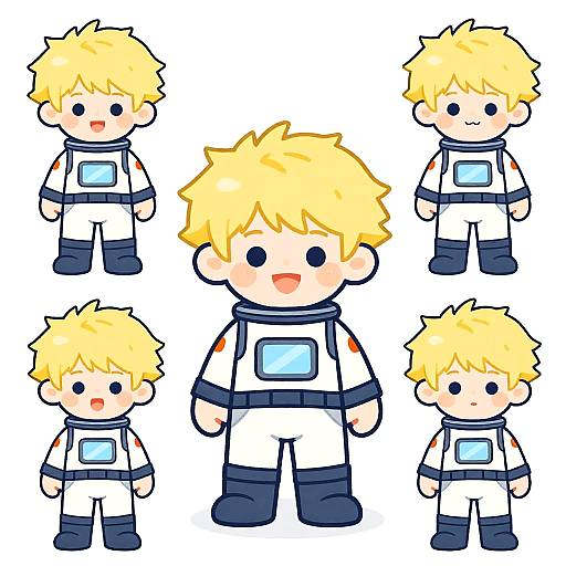Digital drawing of six cute chibi-style blonde boys in white astronaut suits with blue panels, standing on a white background.