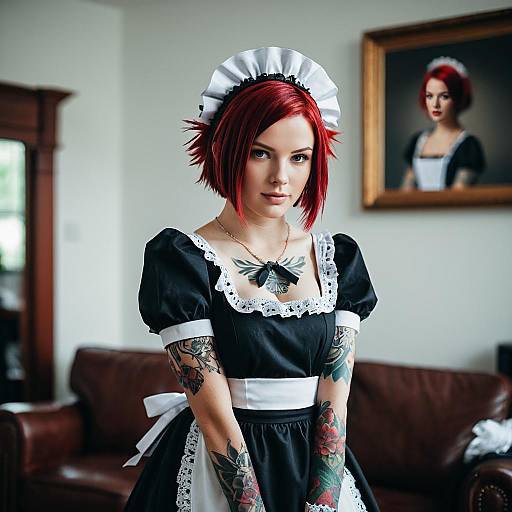Redhead Woman in Punk Maid Outfit