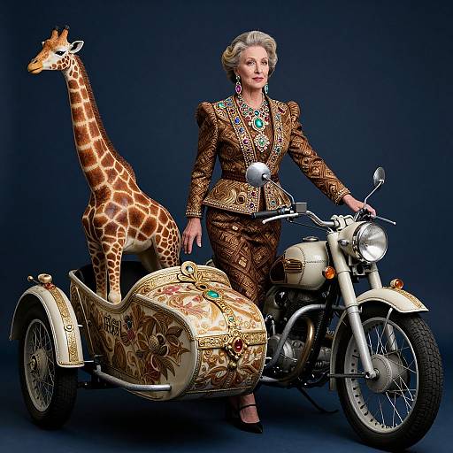 Photograph of a stylish woman in an ornate brown patterned suit with a giraffe sitting on a vintage, elaborately decorated motorcycle sidecar.