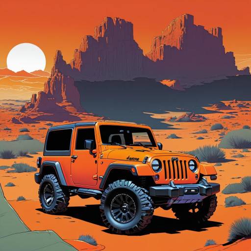 Vibrant Orange Jeep in Comic Art Style