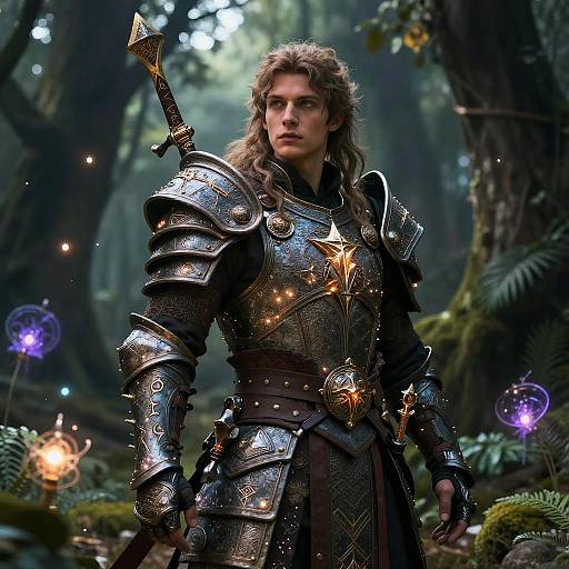 Photorealistic CGI of a long-haired, serious-looking warrior in elaborate, dark metallic armor with a star emblem, standing in a mystical forest illuminated by
