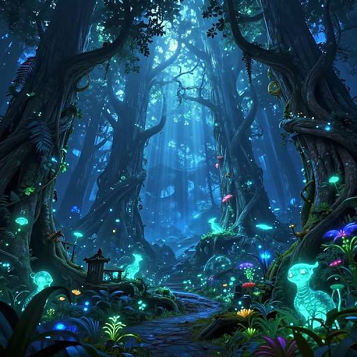 Digital fantasy forest scene with glowing blue mushrooms, bioluminescent plants, enchanted lanterns, and ethereal light filtering through towering, twisted trees.