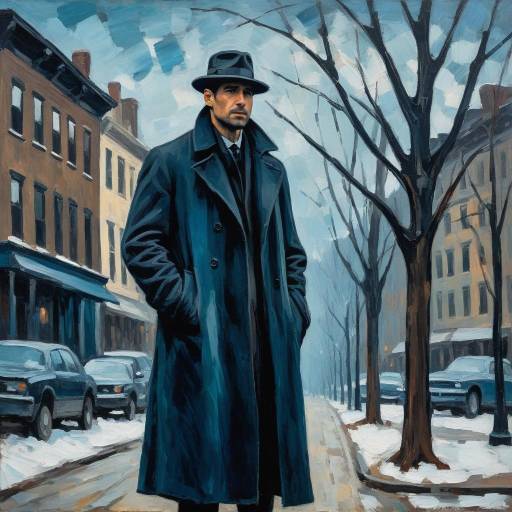Somber Man in Winter Cityscape
