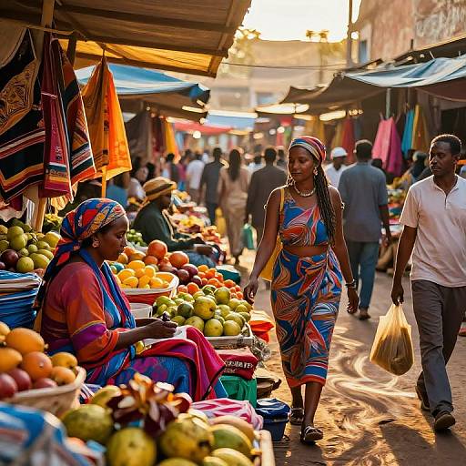 Photograph of a vibrant, sunlit market street with colorful African women in patterned dresses, selling fruits, and men walking by.