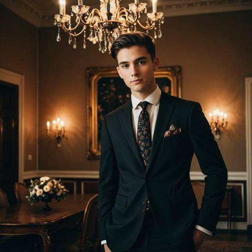 Young man in elegant black suit in classic room