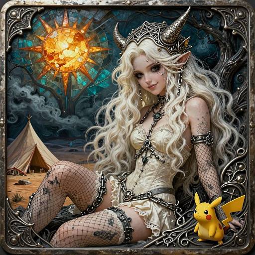 Digital fantasy artwork of a white-haired, horned, elf-like woman in fishnet stockings and lace corset, with a glowing sun, tent,