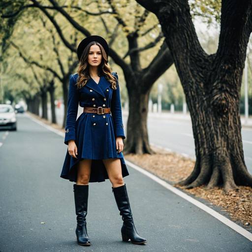 Woman in Blue Coat and Boots on Tree-Lined Road