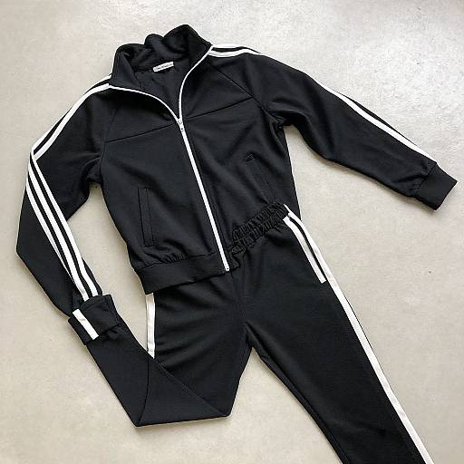 Photograph of a black athletic tracksuit with white stripes on sleeves and legs, laid flat on a white surface.